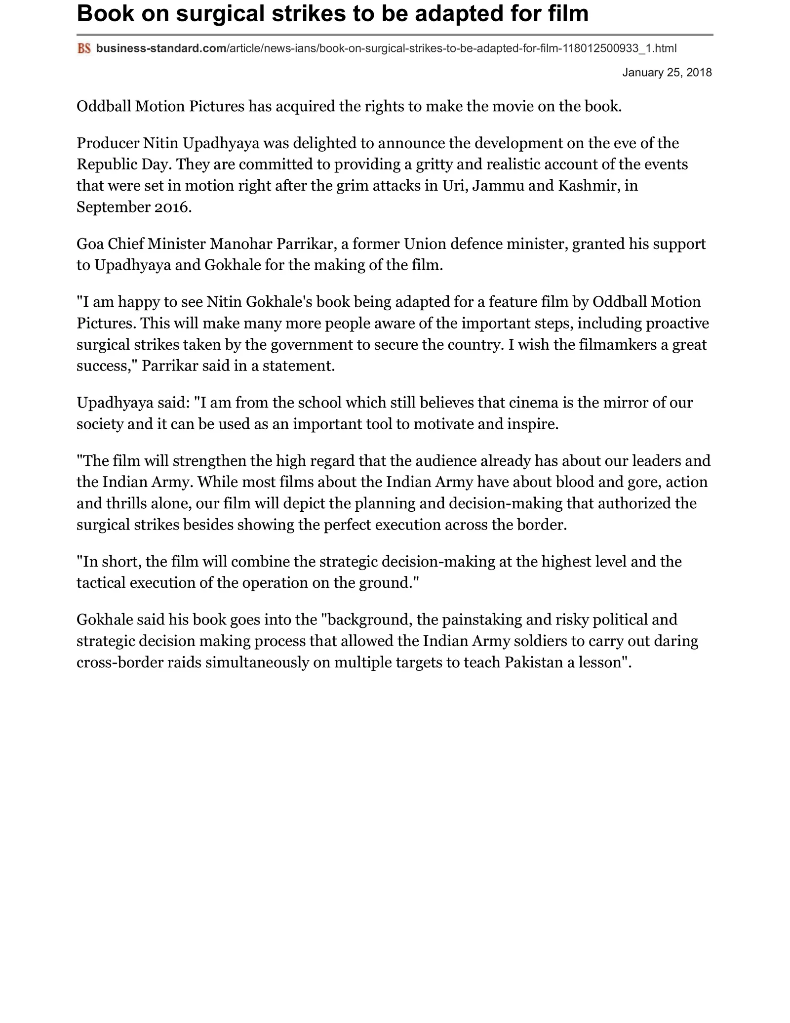 Original Business Standard article page: Book on surgical strikes to be adapted for film