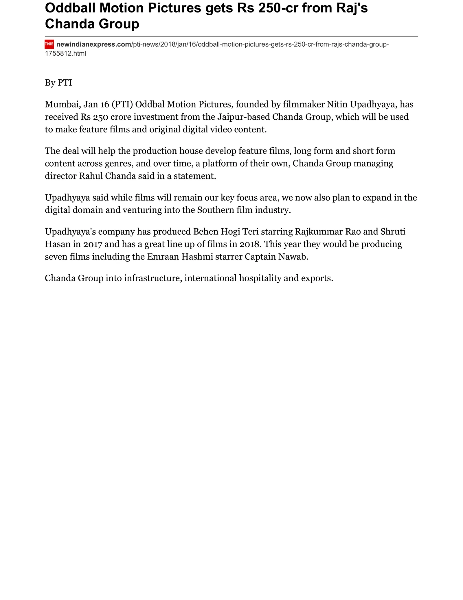 Original The New Indian Express article page: Oddball Motion Pictures gets Rs 250-cr from Raj’s Chanda Group