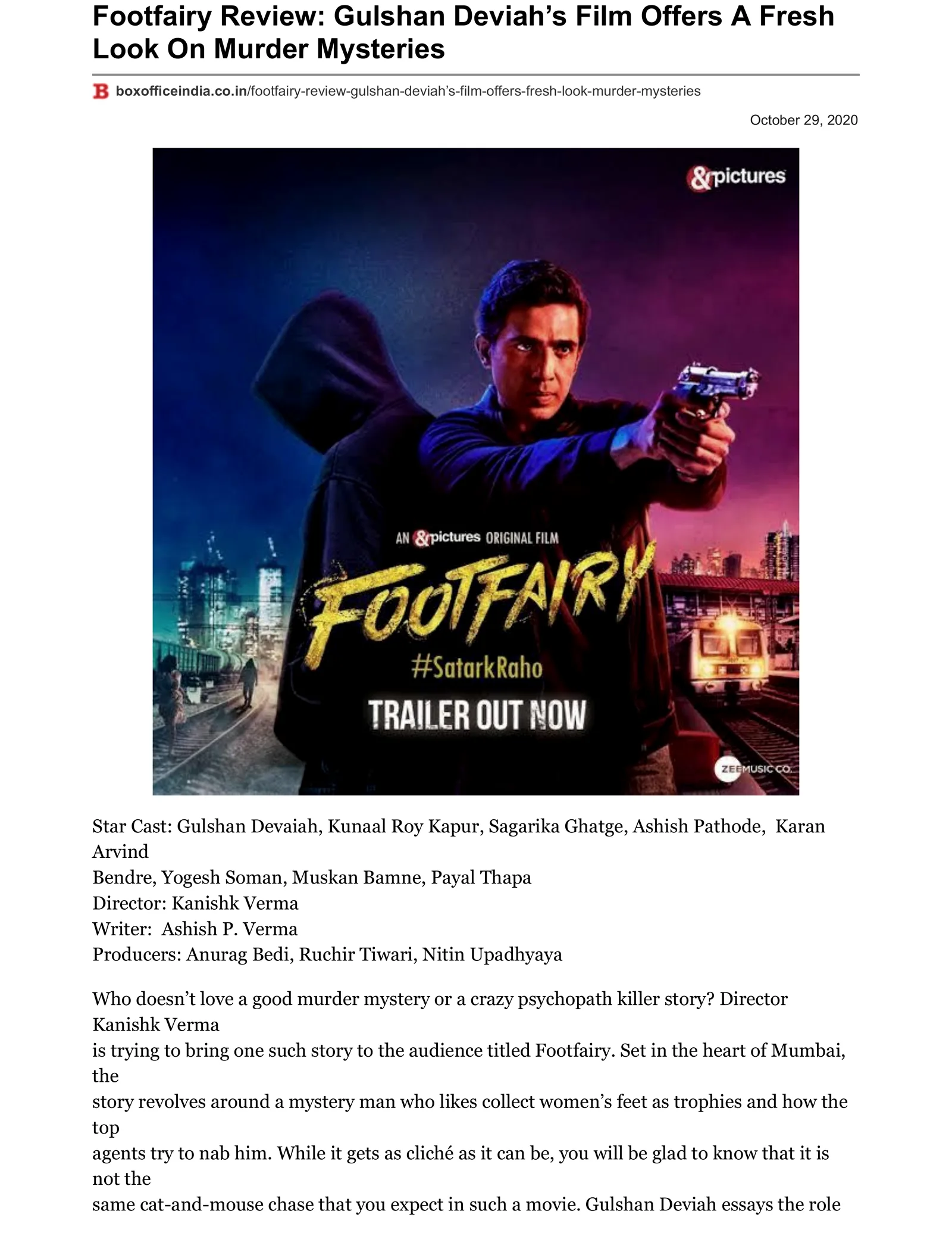 Original Box Office India article page: Footfairy Review: Gulshan Devaiah’s Film Offers A Fresh Look On Murder Mysteries