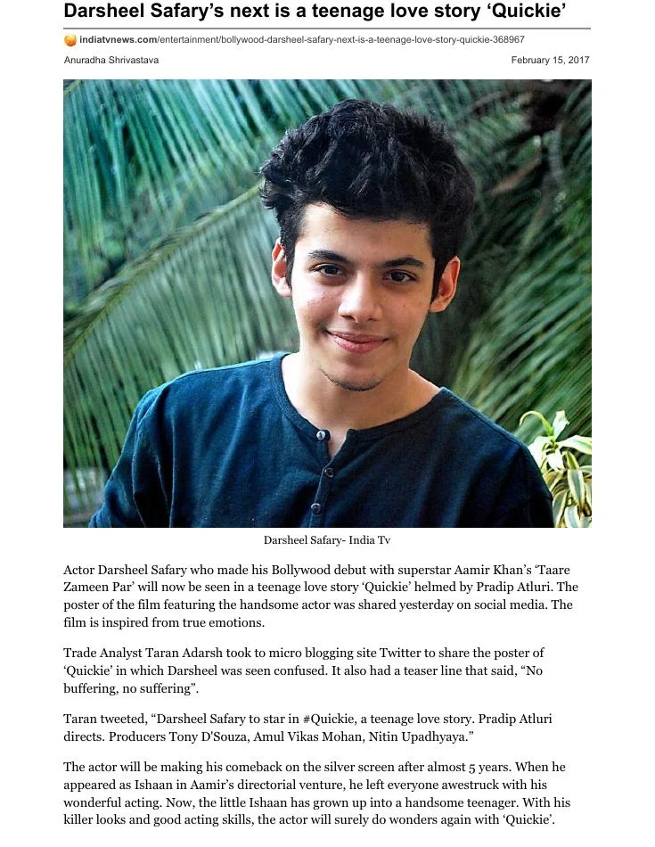 Original India TV article page: Darsheel Safary’s next is a teenage love story ‘Quickie’
