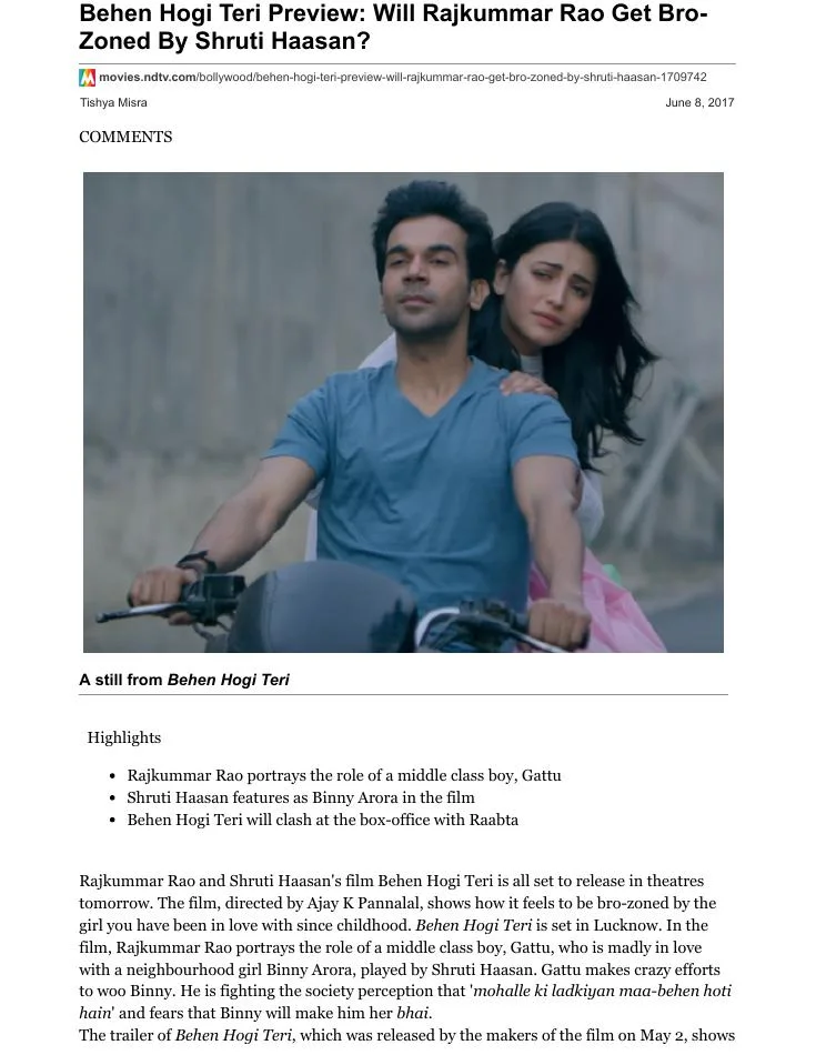 Original NDTV article page: Behen Hogi Teri Preview: Will Rajkummar Rao Get Bro-Zoned By Shruti Haasan?