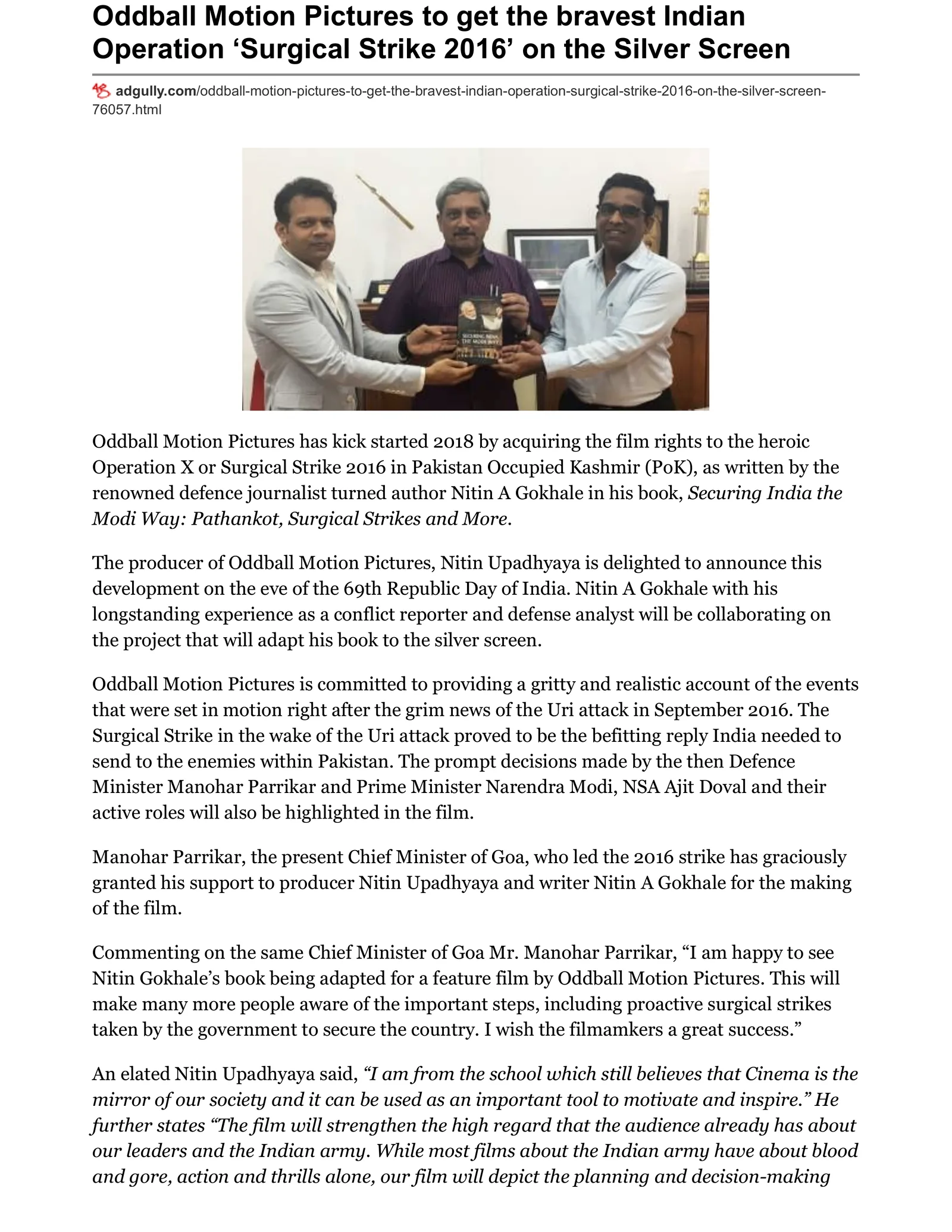 Original Oddball Motion Pictures article page: Oddball Motion Pictures to get the bravest Indian Operation ‘Surgical Strike 2016’ on the Silver Screen