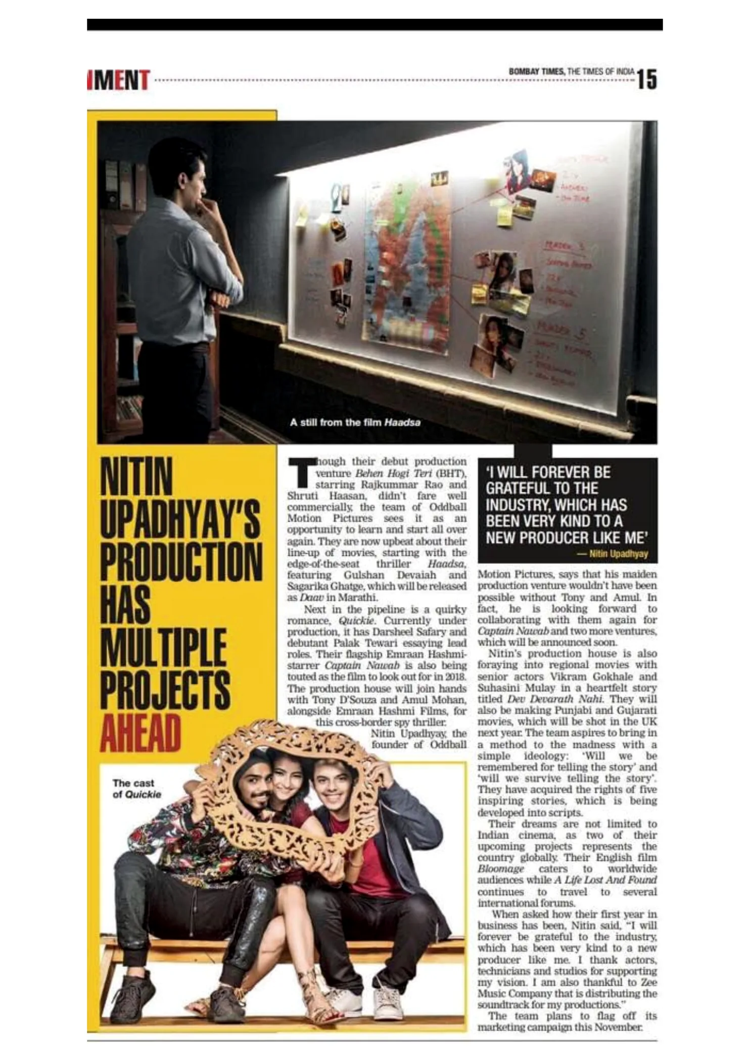 Original Bombay Times article page: Nitin Upadhyaya’s production has multiple projects ahead