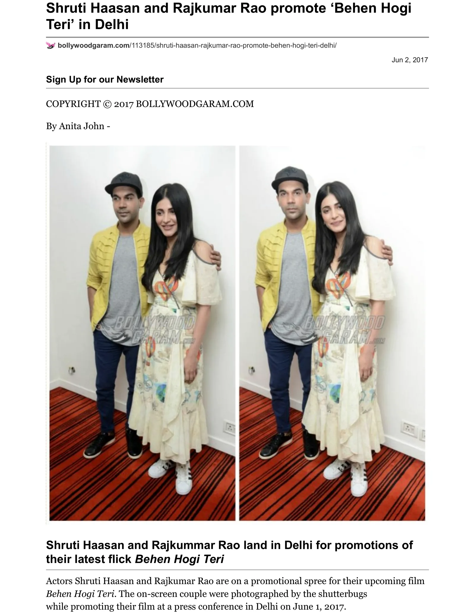 Original Bollywood Garam article page: Shruti Haasan and Rajkummar Rao promote ‘Behen Hogi Teri’ in Delhi
