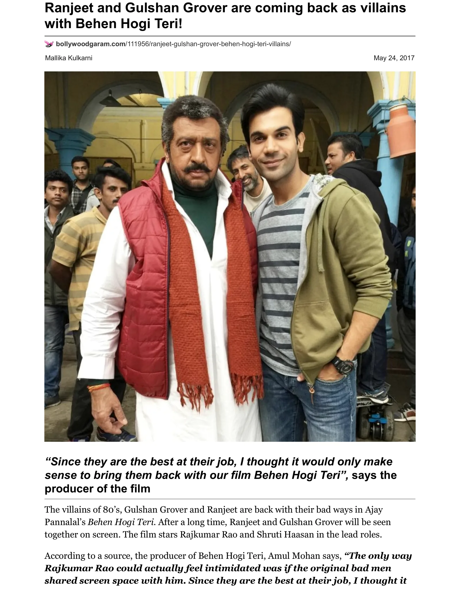 Original Bollywood Garam article page: Ranjeet and Gulshan Grover are coming back as villains with Behen Hogi Teri!