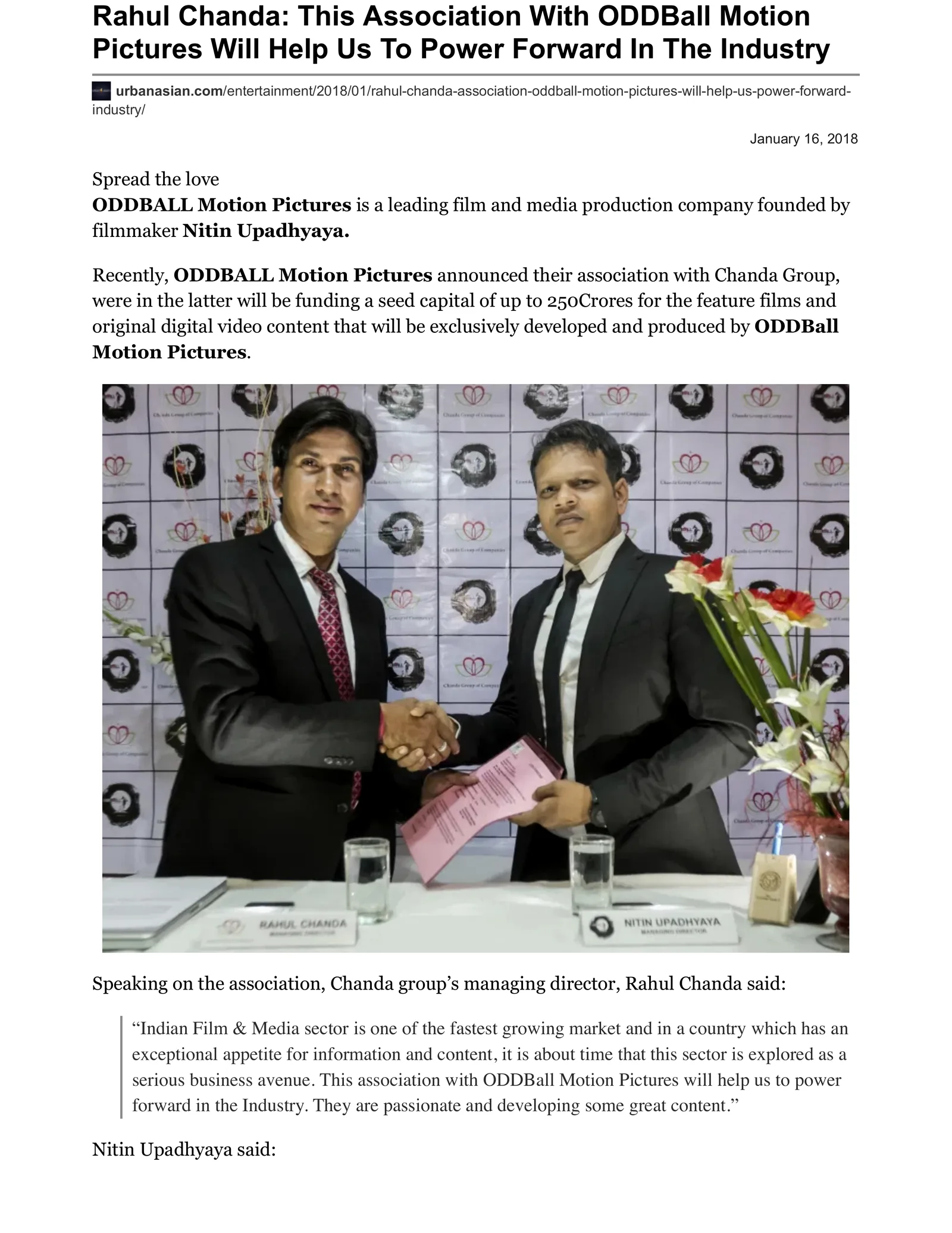 Original UrbanAsian article page: Rahul Chanda: This Association With ODDBall Motion Pictures Will Help Us To Power Forward In The Industry
