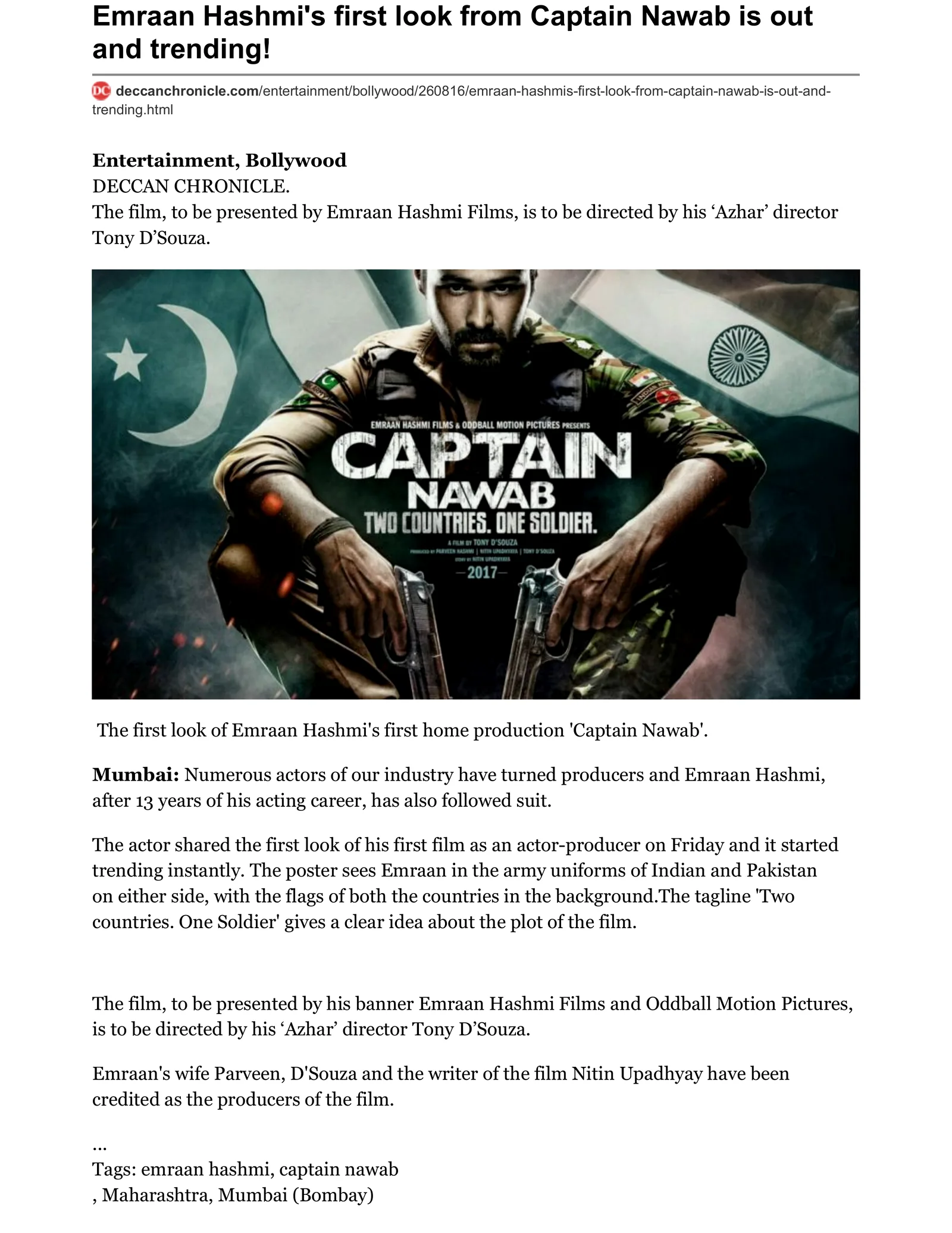 Original Deccan Chronicle article page: Emraan Hashmi’s first look from Captain Nawab is out and trending!