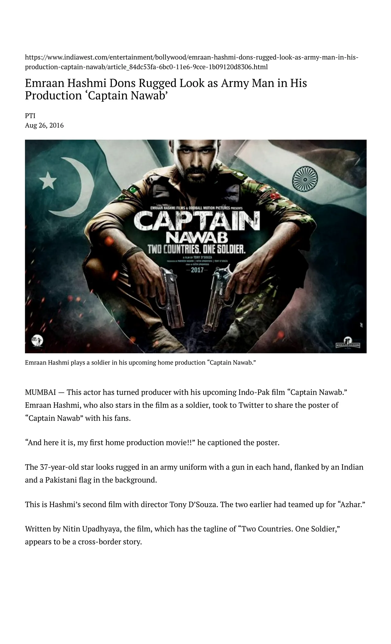 Original The Indian Express article page: Emraan Hashmi Dons Rugged Look as Army Man in His Production ‘Captain Nawab’