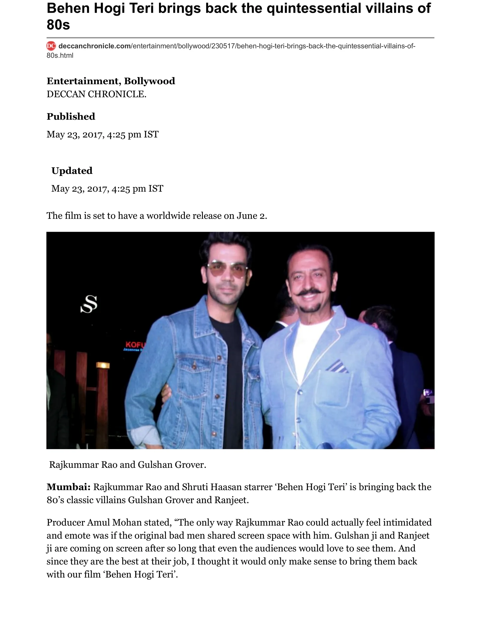 Original Deccan Chronicle article page: Behen Hogi Teri brings back the quintessential villains of 80s