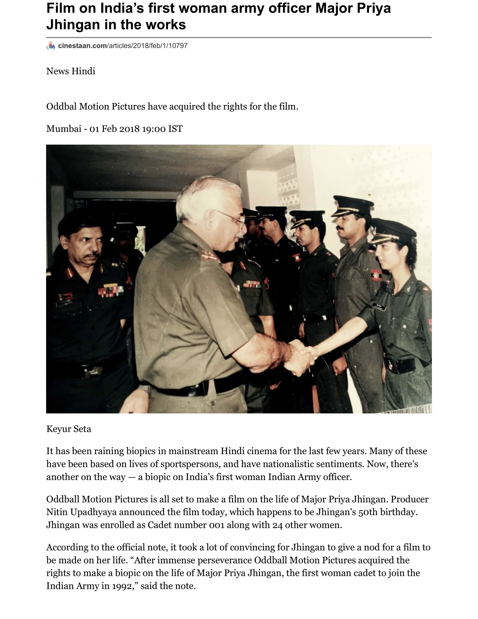 Original Cinestaan article page: Film on India’s first woman army officer Major Priya Jhingan in the works
